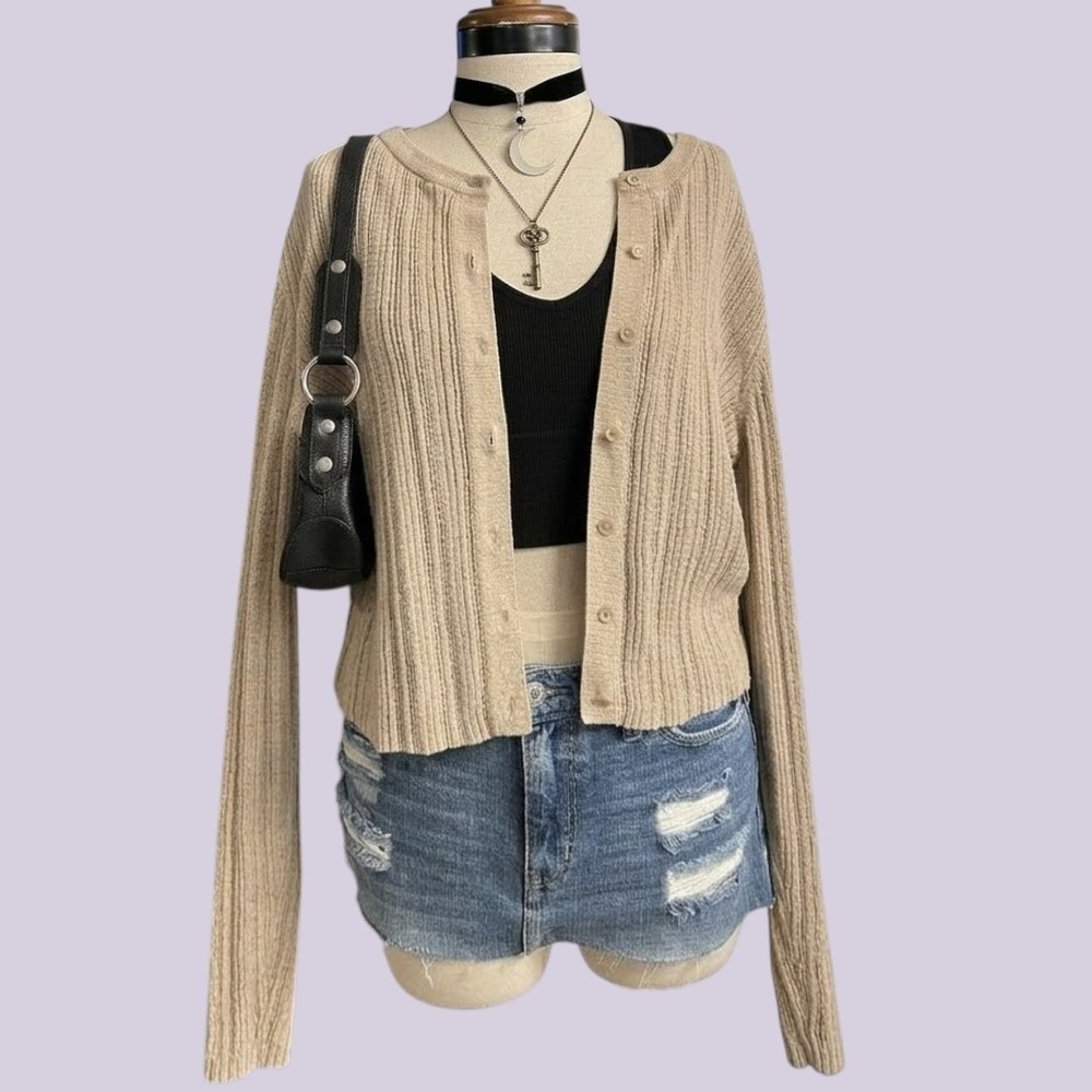 American Eagle Cottagecore Preppy Tan Button Front Cardigan Sweater XLarge Fall